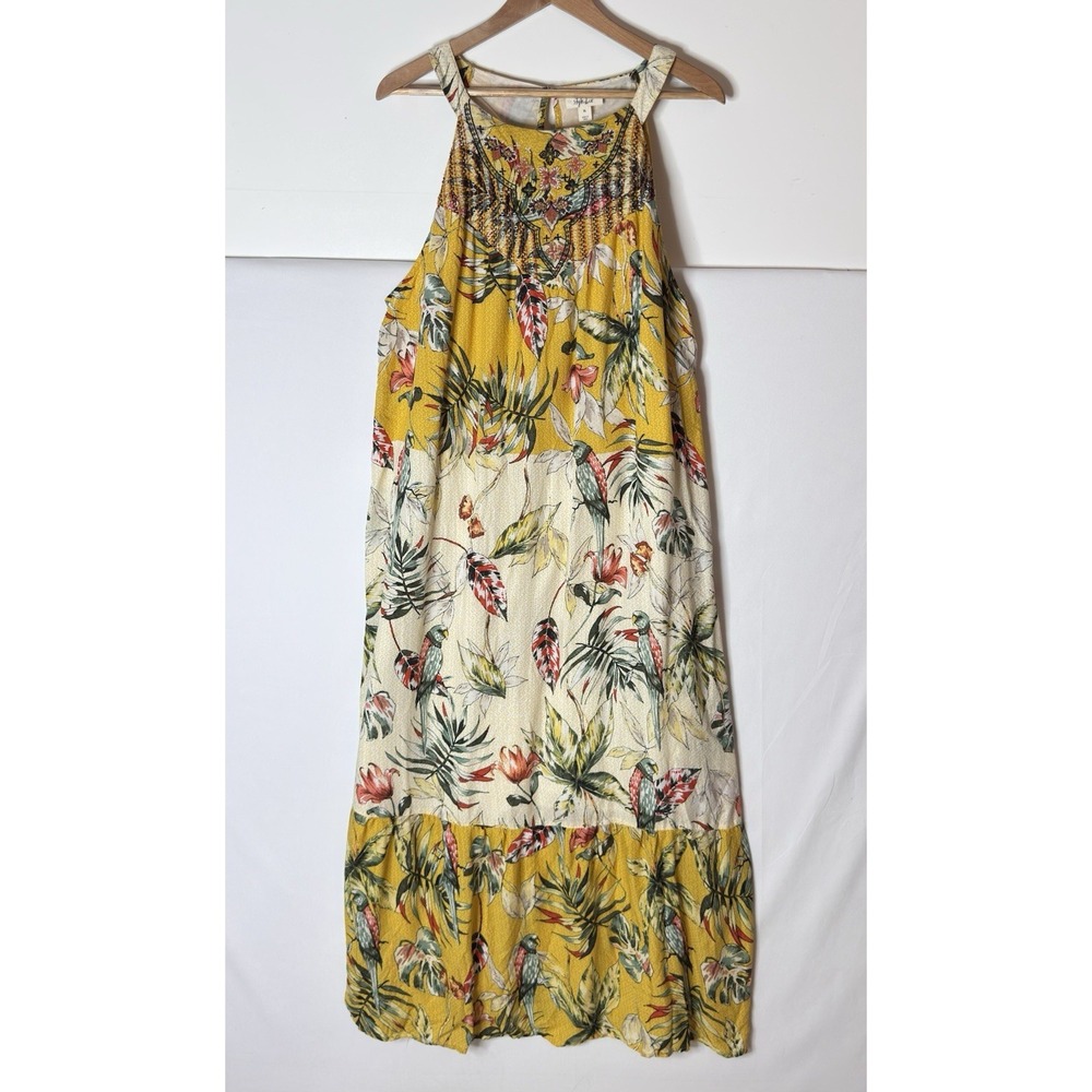 Floral Bird Print Maxi‎ Dress XL Yellow Tiered Embroidered Boho Cottage Beach